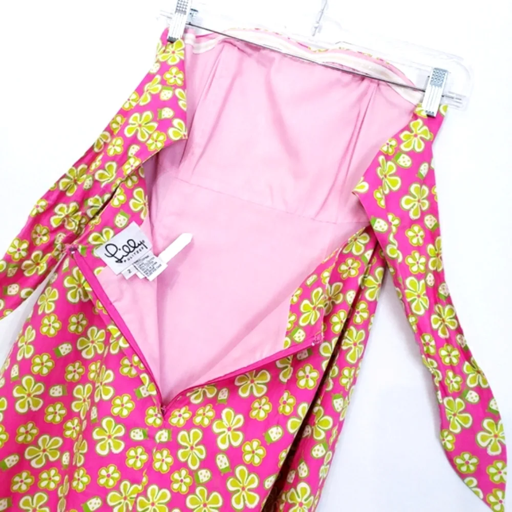 Vintage Lilly Pulitzer Strapless Lip Pink Dunebuggy Floral w/Ladybugs Midi Dress - Picture 11 of 14